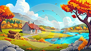 Stunning autumn countryside with stone farmhouse, farm fields, a river and mountains. Cottage on lake coast in fall with