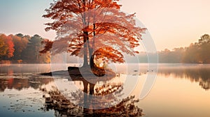 Stunning Autumn Lake View With Isolated Tree: Uhd Nature Inspired Photo