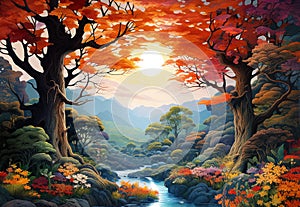 A stunning autumn landscape with a red tree, tropical mountain flowers, and a river