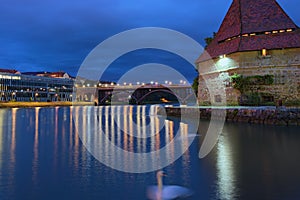 Stunning autumn morning view of Drava River in Maribor. One of the main travel destinations is Water Tower.