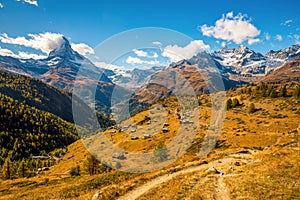 Stunning autumn scenery of famous alp peak Matterhorn from Sunnegga area. Swiss Alps, Valais, Switzerland