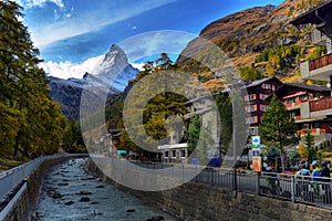 Stunning autumn scenery of famous alp peak Matterhorn. Swiss Alps