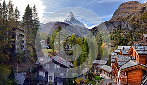 Stunning autumn scenery of famous alp peak Matterhorn. Swiss Alps, Valais