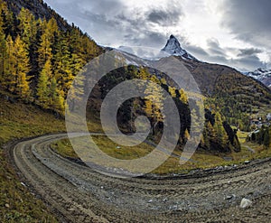 Stunning autumn scenery of famous alp peak Matterhorn. Swiss Alps, Valais