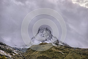 Stunning autumn scenery of famous alp peak Matterhorn. Swiss Alps, Valais