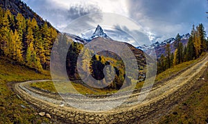 Stunning autumn scenery of famous alp peak Matterhorn. Swiss Alps, Valais