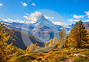 Stunning autumn scenery of famous alp peak Matterhorn. Swiss Alps, Valais, Switzerland