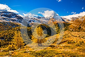 Stunning autumn scenery of famous alp peak Matterhorn. Swiss Alps, Valais, Switzerland