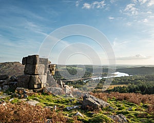 Stunning Autumn sunset landscape image of view from Leather Tor