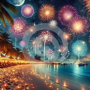 A stunning beach in a new year's party, blue sea view, colorful fireworks, lights, romance athmosphere, night, nature