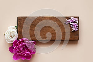 Stunning beautiful pink and white peonies, petals, wooden Board on a light background. the view from the top