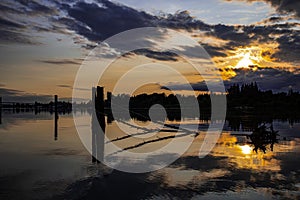 Stunning beautiful sunset over river