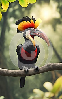 Stunning big hornbill on branch in deep forest, AI generated