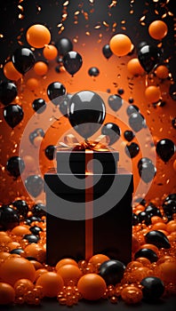 Stunning Black Friday Gift Box with Black and Orange Balloon with Orange Color Distribution High Key Photography