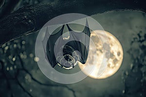 Mysterious Bat Hanging Full Moon Dark Forest - Wildlife Photography Halloween Theme photo