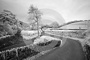 Stunning black and white infrared landscape image of old bridge