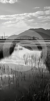 Stunning Black And White Marsh Landscape With Majestic Mountains