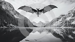 Stunning Black And White Photo: Bat Flying Over Frozen Alpine Lake