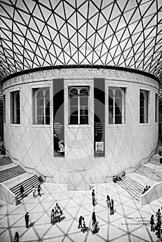 Stunning black and white photograph of the interior of the British Museum in London, England