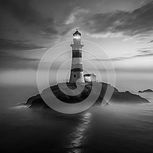 Stunning black and white photograph of a lighthouse perched on a rocky outcrop