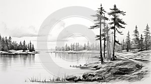 Black And White Hyperrealistic Lake Drawing With Pine Trees