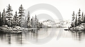 Stunning Black And White Sketch: Pine Trees By The Lake