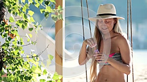 Stunning blonde woman sitting on a swing on beach