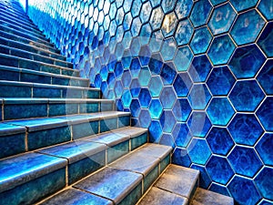 Stunning Blue Hexagonal Tile Steps in LowLight Architectural Panorama Closeup View of Exquisite Detail and Textured