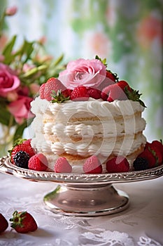 Elegant Three-Tiered Bridal Cake with Strawberries and Cream photo
