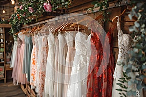 Stunning bridal gowns elegantly showcased on hangers in boutique shop. Concept Bridal Fashion,