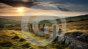 Stunning British Countryside Landscape With Stone Fence At Sunrise