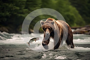 Stunning brown bear catching salmon fish. Amazing wildlife. Generative Ai