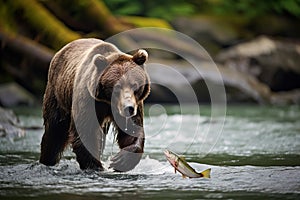 Stunning brown bear catching salmon fish. Amazing wildlife. Generative Ai