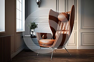 stunning brown leather chair with high back, armrests and chrome legs in minimalist interior