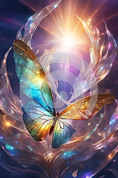 Stunning butterfly in a miracle auras, breathtaking beauty, broken glass effect, animal creatures, magical, fantasy