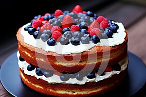 Stunning cake with a variety of colorful fruits and a creamy frosting, elegantly displayed on a plate