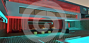 Stunning chill out zone with glowing pool in the courtyard of the upscale night club. Illuminated exit from the building. 3d