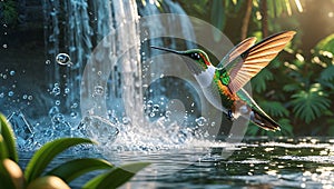 Iridescent Hummingbird by a Majestic Waterfall photo