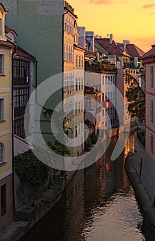 Stunning cityscape of Kampa Island with Certovka River in Old Prague during summer sunrise. Prague, Czech Republic