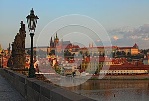 Stunning cityscape of the Prague Castle with Saint Vitus Cathedral in the city center in Prague by the Vltava River during sunrise