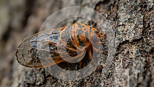 Stunning close up of a cicada exoskeleton on tree bark