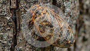 Stunning close up of a cicada exoskeleton on tree bark