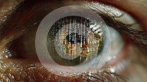Close-up of an Eye with Binary Code Reflection Symbolizing Technology
