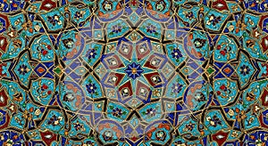 Vibrant Islamic Geometric and Floral Pattern with Gold Accents and Intricate Details, Traditional Middle Eastern Art