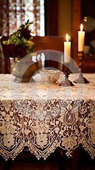 Elegant Lacework: Intricate Ivory Silk Patterns on Mahogany Table photo