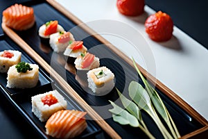 A Masterpiece of Japanese Cuisine: Close-Up of a Meticulously Arranged Sushi Platter with Fresh, Vibrant Ingredients with