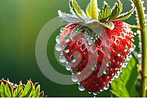 A Stunning Close-Up View of a Dew-Covered Ripe Strawberry: Fibers and Seed Details Visible, Glistening in the Morning Light