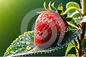 A Stunning Close-Up View of a Dew-Covered Ripe Strawberry: Fibers and Seed Details Visible, Glistening in the Morning Light