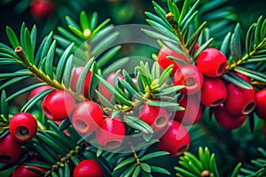 Stunning Closeup of Poisonous Yew Berries on Evergreen Branches A LowLight Photography Masterpiece photo