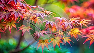 Stunning CloseUp Portrait of a Japanese Maple Tree in Spring Bloom Vibrant Red and Green Leaves in Artistic photo